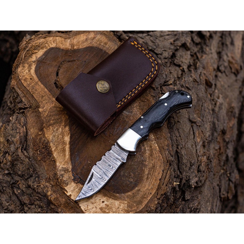 Handmade Damascus Folding Knife With Rosewood Handle Back Lock Mechanism 1