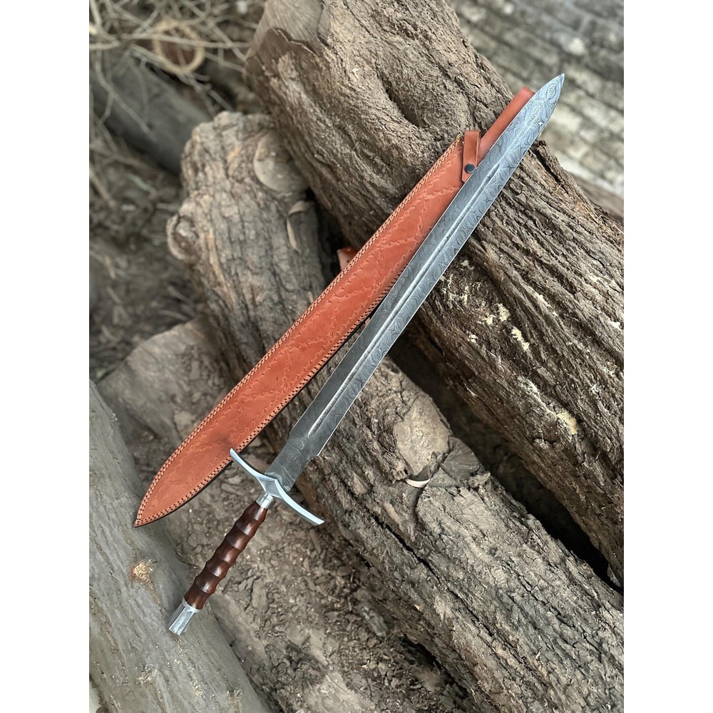 Handmade Damascus Steel Viking Sword With Rosewood Handle Leather Sheath 1