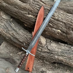 handmade damascus steel viking sword with rosewood handle & leather sheath