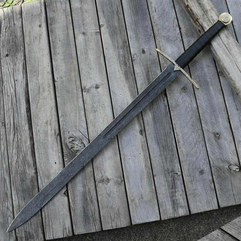 Handmade Damascus Viking Long Sword With Leather Grip Fantasy Display Blade 1