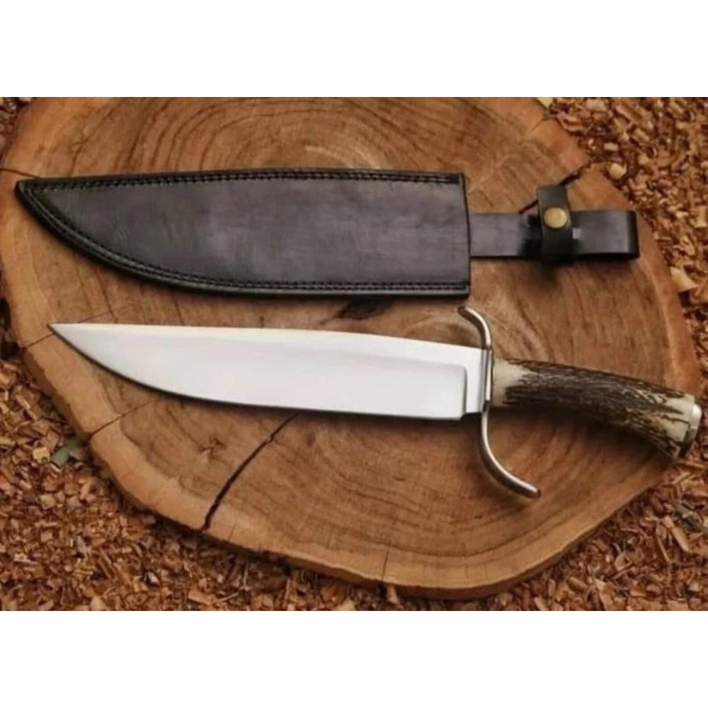 Handcrafted Bowie Knife With Stag Antler Handle Leather Sheath 1
