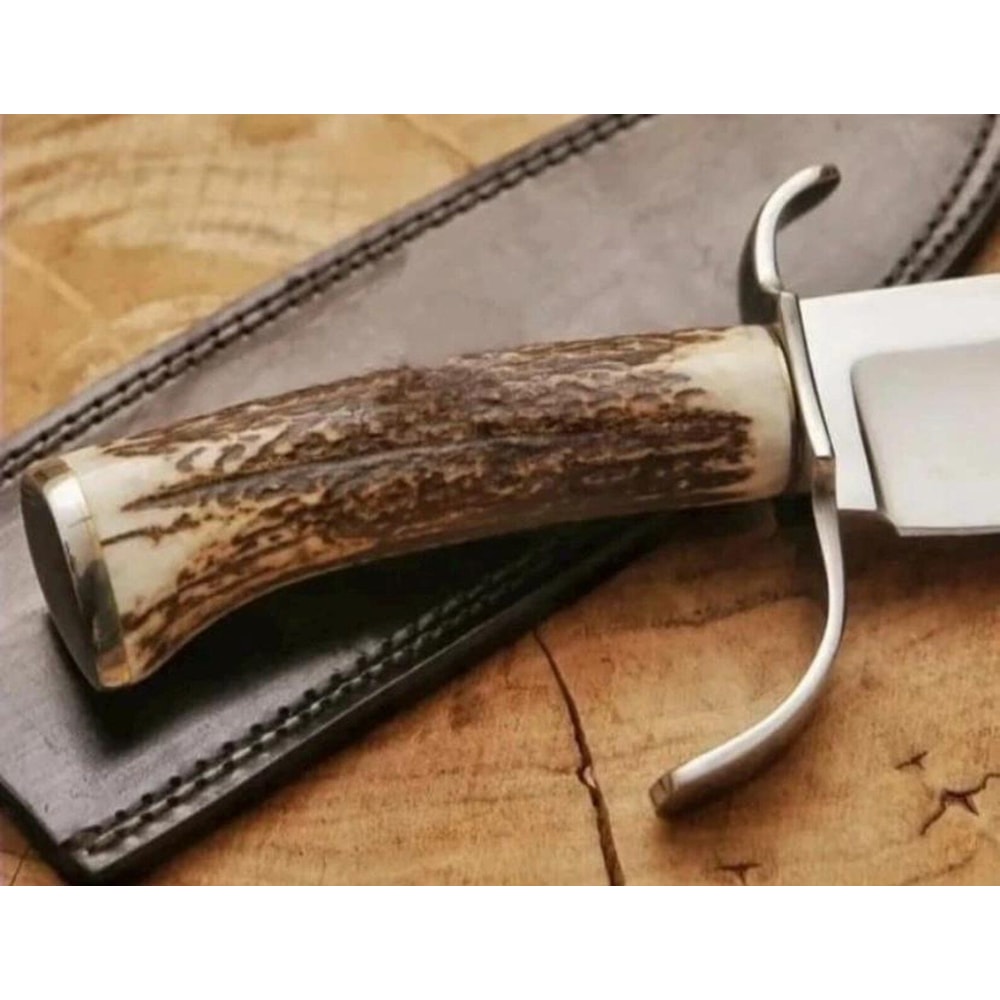 Handcrafted Bowie Knife With Stag Antler Handle Leather Sheath 4