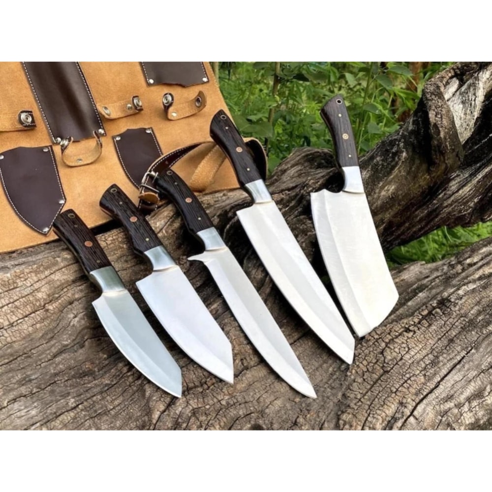 Handcrafted 5 Piece Carbon Steel Kitchen Knife Set With Leather Roll Bag 0