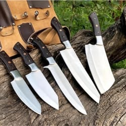 handcrafted 5 piece carbon steel kitchen knife set with leather roll bag