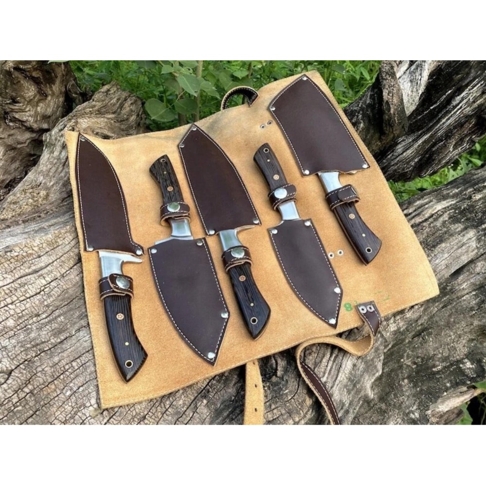 Handcrafted 5 Piece Carbon Steel Kitchen Knife Set With Leather Roll Bag 4