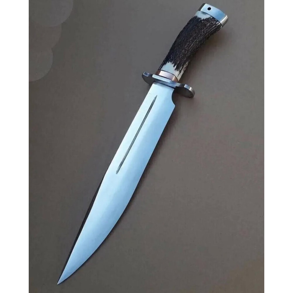 Handcrafted D2 Steel Bowie Hunting Knife Stag Horn Handle Leather Sheath 1
