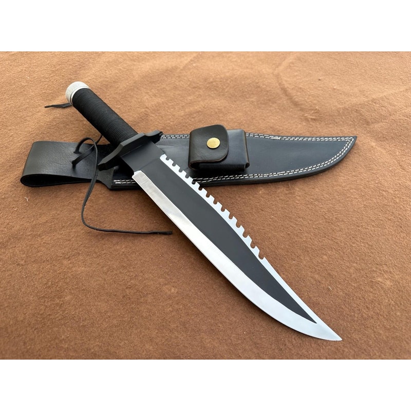 D2 Steel Outdoor Knife With Nylon Cord Grip And Leather Sheath 0
