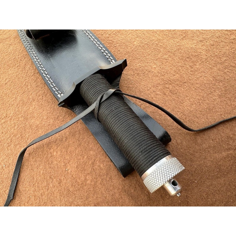 D2 Steel Outdoor Knife With Nylon Cord Grip And Leather Sheath 3