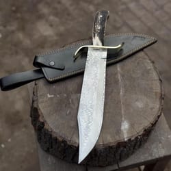 handcrafted damascus steel bowie hunting knife with stag horn handle