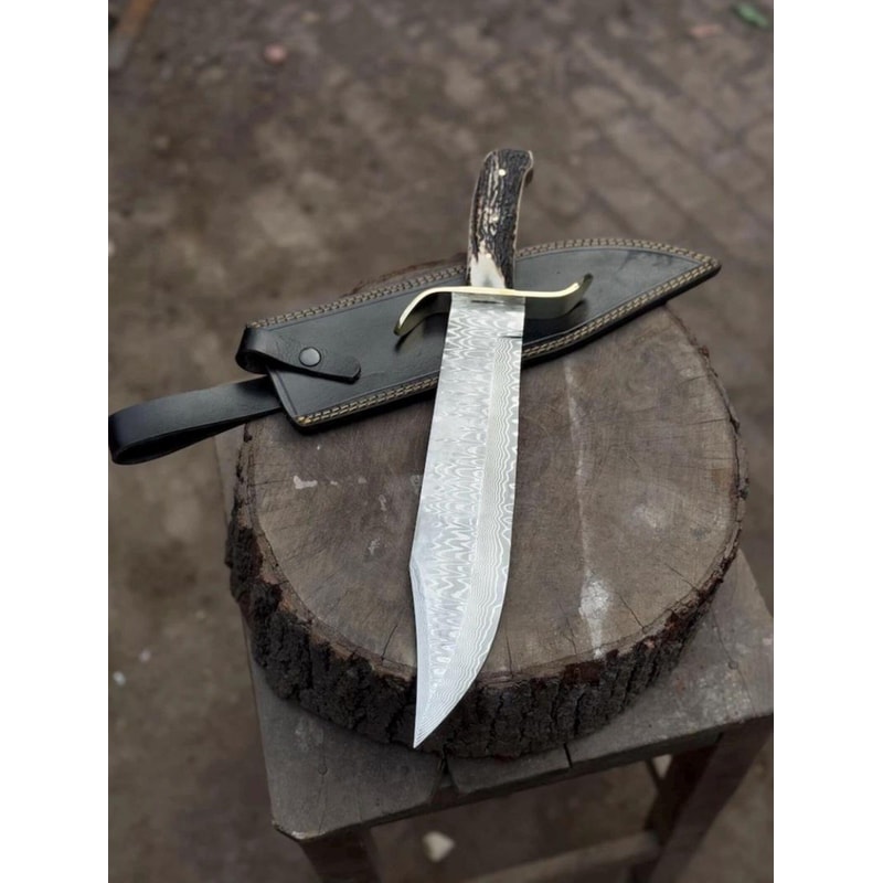 Handcrafted Damascus Steel Bowie Hunting Knife With Stag Horn Handle 0