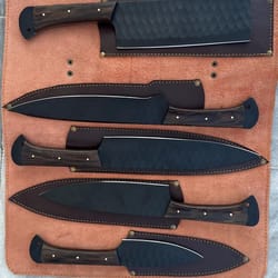 carbon steel fixed blade knife set with individual leather sheaths