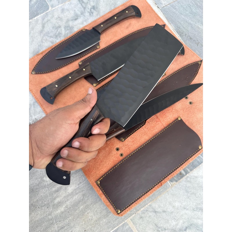 Carbon Steel Fixed Blade Knife Set With Individual Leather Sheaths 4