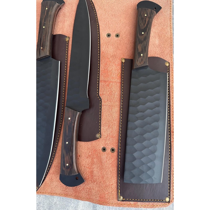 Carbon Steel Fixed Blade Knife Set With Individual Leather Sheaths 5