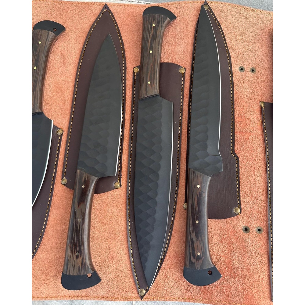 Carbon Steel Fixed Blade Knife Set With Individual Leather Sheaths 6