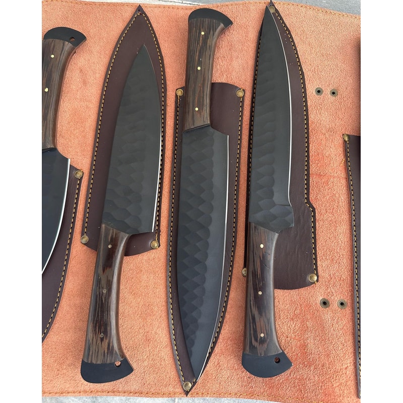 Carbon Steel Fixed Blade Knife Set With Individual Leather Sheaths 6