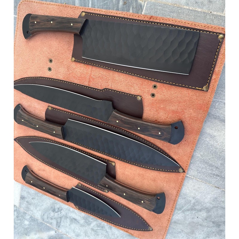 Carbon Steel Fixed Blade Knife Set With Individual Leather Sheaths 7