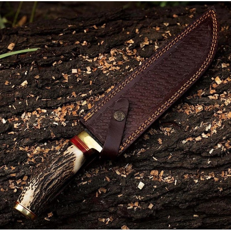 Handcrafted Forged Steel Hunting Knife With Antler Handle Leather Sheath 4