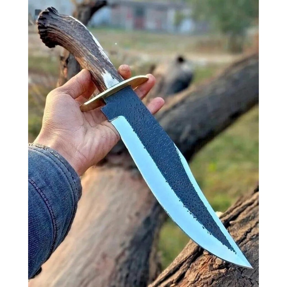 Custom Fixed Blade Hunting Knife With Antler Handle Leather Sheath 2