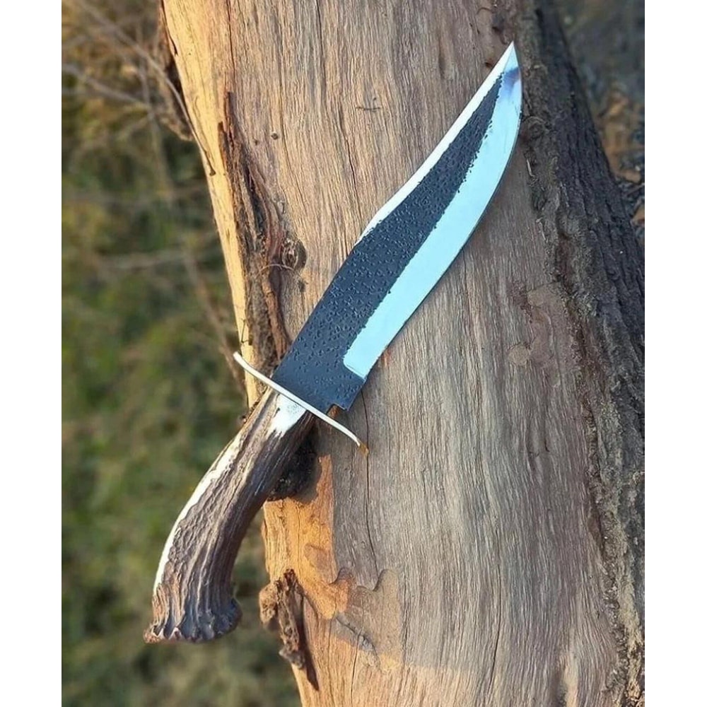Custom Fixed Blade Hunting Knife With Antler Handle Leather Sheath 0