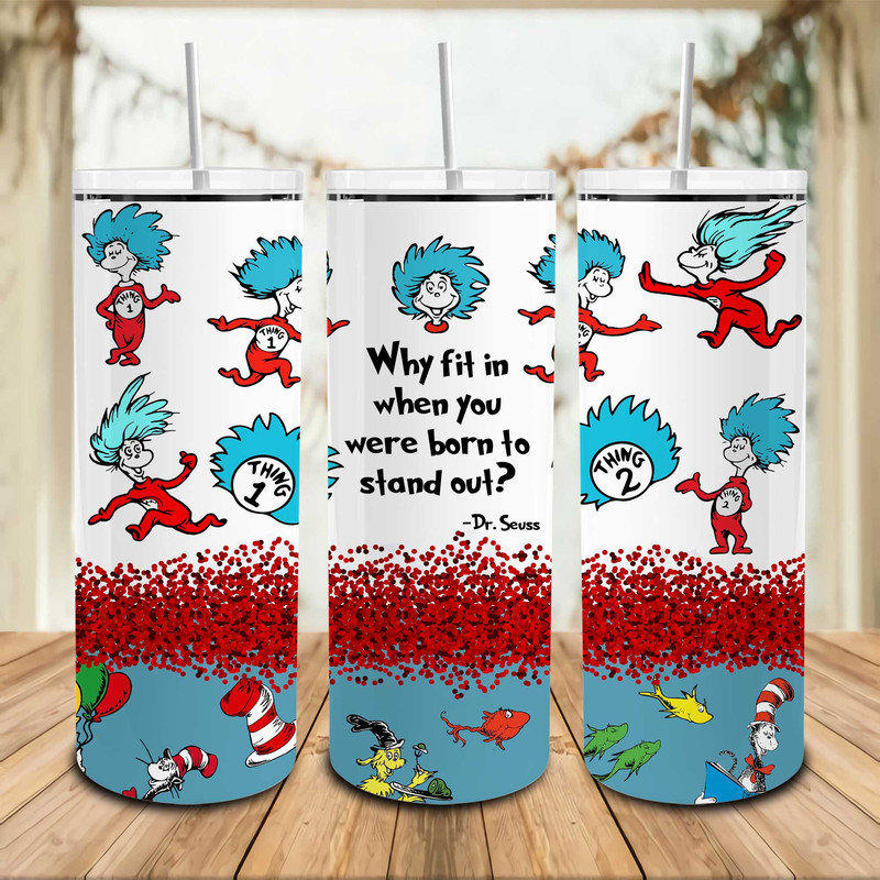 Glitter Why Fit In When You Were Born To Stand Out 20oz Skinny Tumbler PNG, Faux Sequin Cat In The Hat Tumbler Wrap, Reading Book Tumbler.jpg