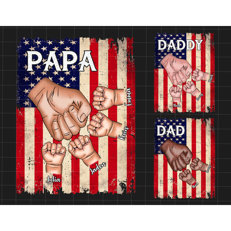 Personalized Father's Day Fist Bump Set Flag America, Baby Toddler Kid Dad Fist Bump Png, Father's Day Png, Fathers and Childs Hands Png.jpg