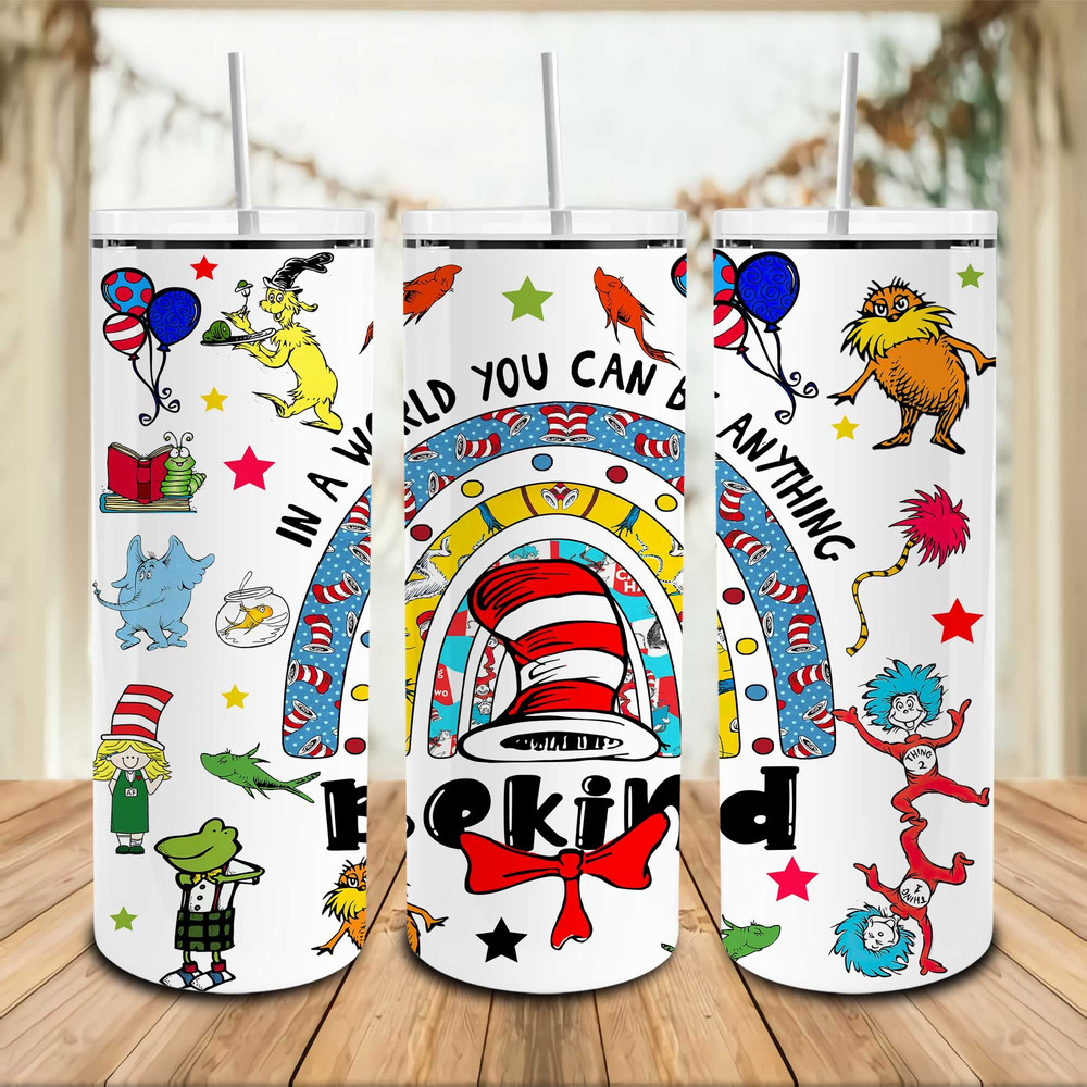 Rainbow Cartoon Character 20oz Skinny Tumbler PNG, Cat In The Hat Tumbler Wrap, School Bus Wrap, Teacher Read Book Tumbler, Be Kind Tumbler.jpg