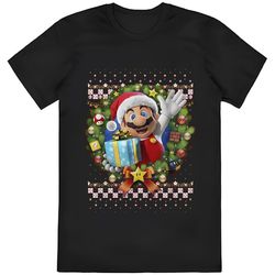 boys nintendo ugly christmas mario wreath t-shirt