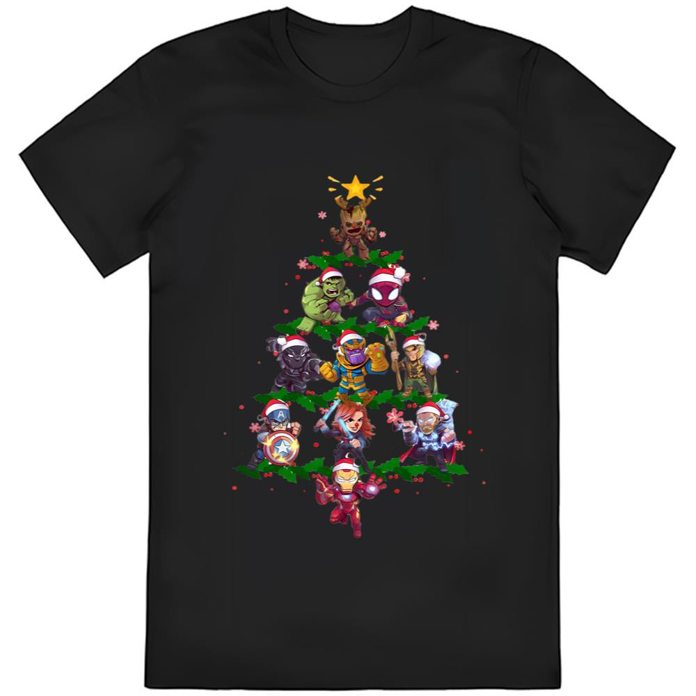 Marvel Avengers Group Merry Christmas Tree T-shirt .jpg
