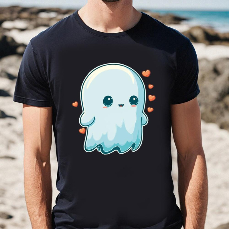 Cute Ghost Character And Hearts Valentine T-Shirt .jpg