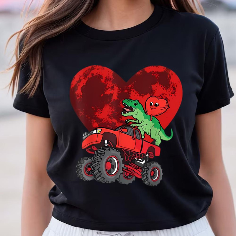Heart Dinosaur Riding Monster Truck Valentines Day Moon Shirt .jpg