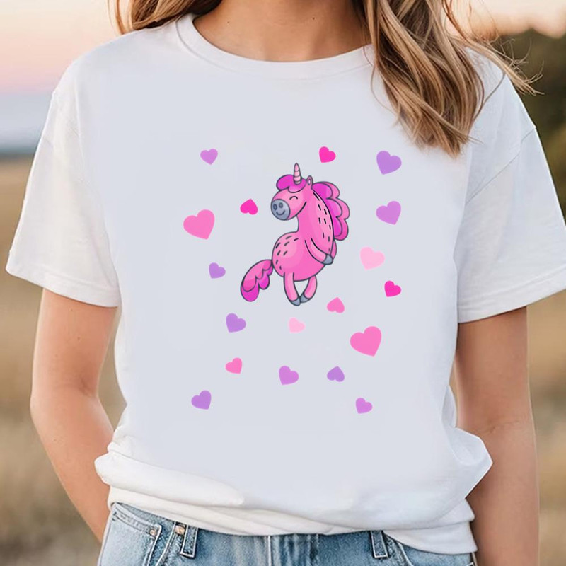 Pink Unicorn With Pink And Purple Hearts T-shirt .jpg