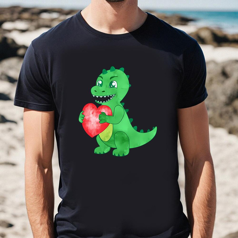 Watercolor Green Dinosaur Hold Heart Valentine T-Shirt .jpg