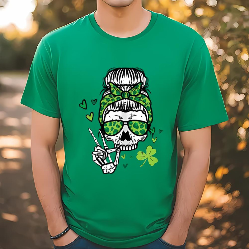 St Patricks Day Skull Messy Bun Saint Pattys Paddys T-Shirt .jpg
