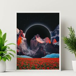 surreal landscape 2 (eclipse art, collage art, space art, trippy wall decor, collage poster, landscape collage art)
