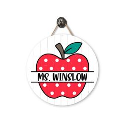 apple teacher name sign  dotted apple classroom sign  personalized school door hanger  teacher gift  apple sign  school