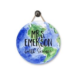 science teacher door sign  globe sign  personalized metal door hanger  earth science gift  planets name sign  school