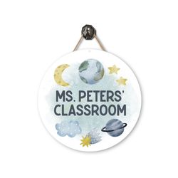 science teacher door sign  outer space sign  personalized metal door hanger  earth science gift  planets name sign