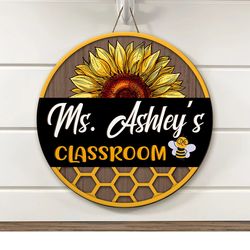 personalized teacher door sign, sunflower bee floral book classroom door hanger, teacher gift, classroom decor