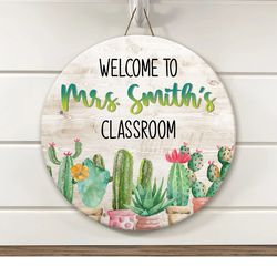 personalized teacher door welcome sign, cactus floral book classroom door hanger, teacher gift, classroom decor