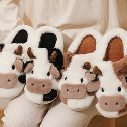 Cute Fluffy Cow Slippers - Kawaii Winter Comfort for Women and Girls