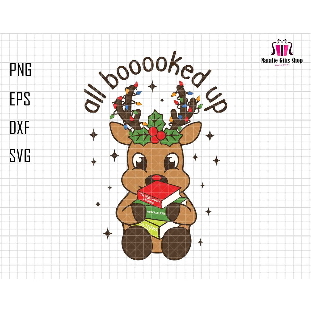 All Booooked Up Svg, Reindeer Christmas Svg, Bookworm Christmas Svg, Book Lovers Christmas Gift, Librarian Christmas Shirt,Nerd Reindeer Svg.jpg