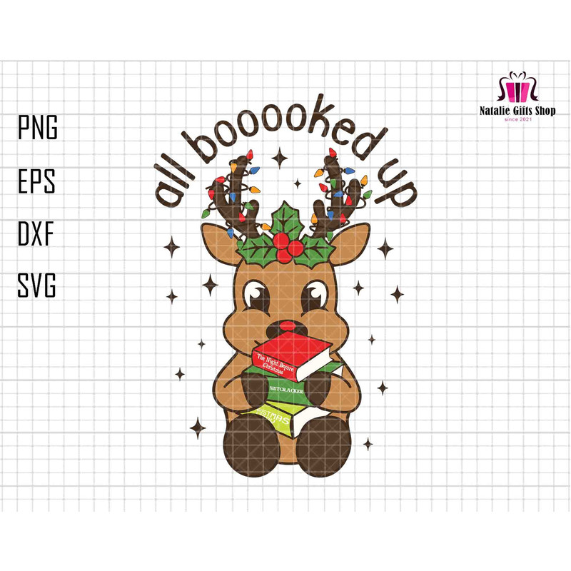 All Booooked Up Svg, Reindeer Christmas Svg, Bookworm Christmas Svg, Book Lovers Christmas Gift, Librarian Christmas Shirt,Nerd Reindeer Svg.jpg