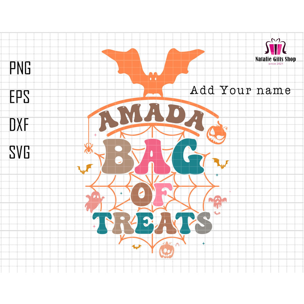 Name Treat Bag Svg, Treats bag Svg, Custom Kids Name Svg, Trick or Treat Svg, Bag of Treats Svg, Custom Halloween Svg, Retro Halloween Svg.jpg