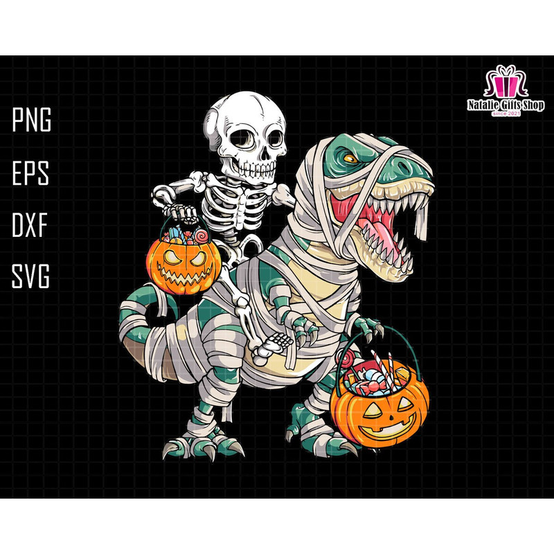 Trick Or Treat Svg, Dinosaur Svg, Funny Halloween Svg, T-Rex with Skeleton Svg, Fall Cut Files, Mummy Svg, Silhouette, Cricut, Spooky Season.jpg