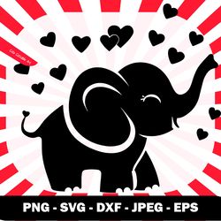 Baby Elephant Silhouette with Hearts Svg, Cute Tattoos, Cute Png for Shirts , Baby Wall Decor, Svg for Baby Card, Cute E