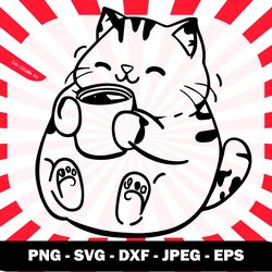 cat drinking coffee svg, fat cat svg, cute cat coffee mug clipart, kitty svg, coffee lover png, cat lover svg