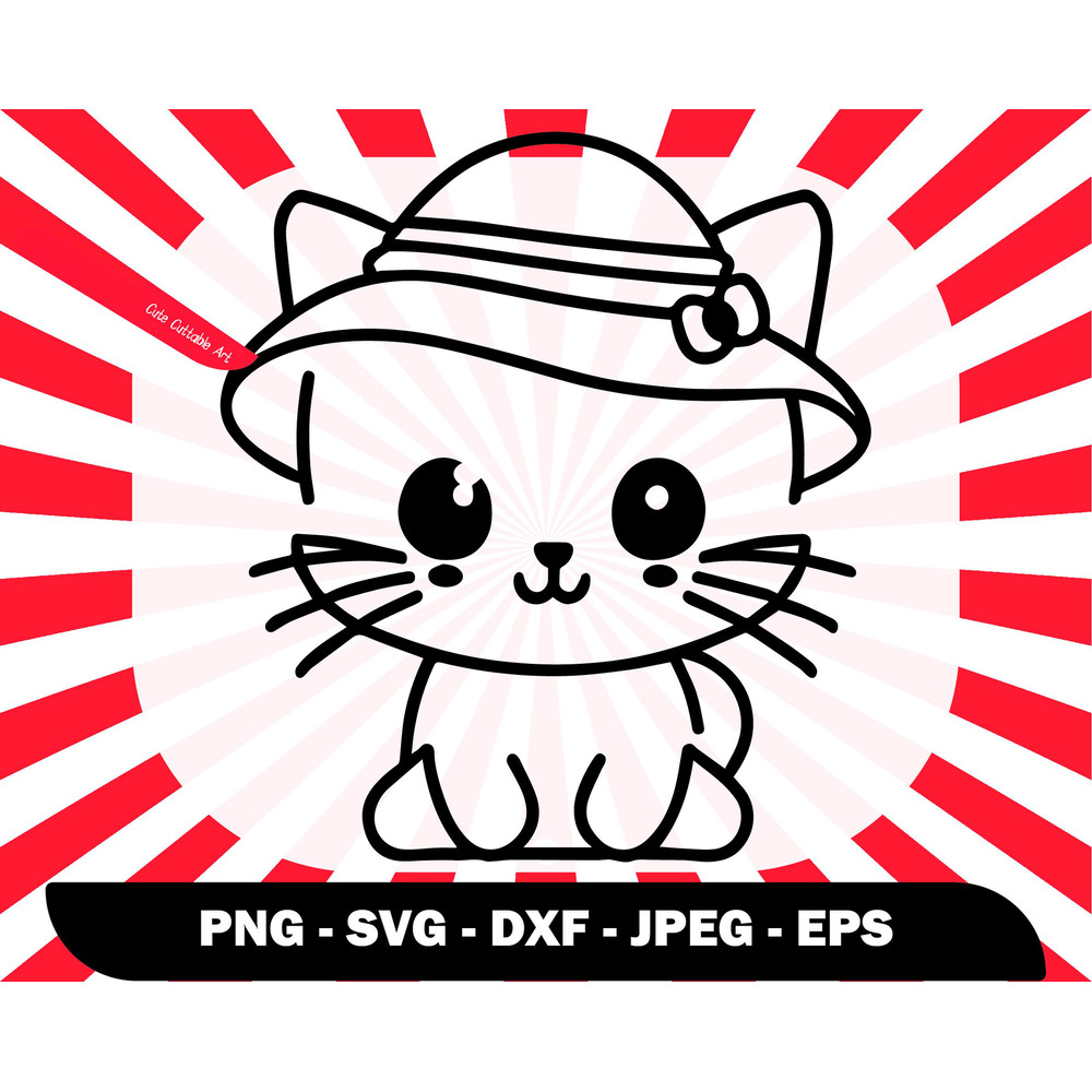 Cute Kawaii Cat With a Hat and Bow svg, Cat Svg Cut File,Cat Svg Laser, Cat Lover Svg, Kids Laser Cut Files, Cat Outline Svg - 00036.jpg
