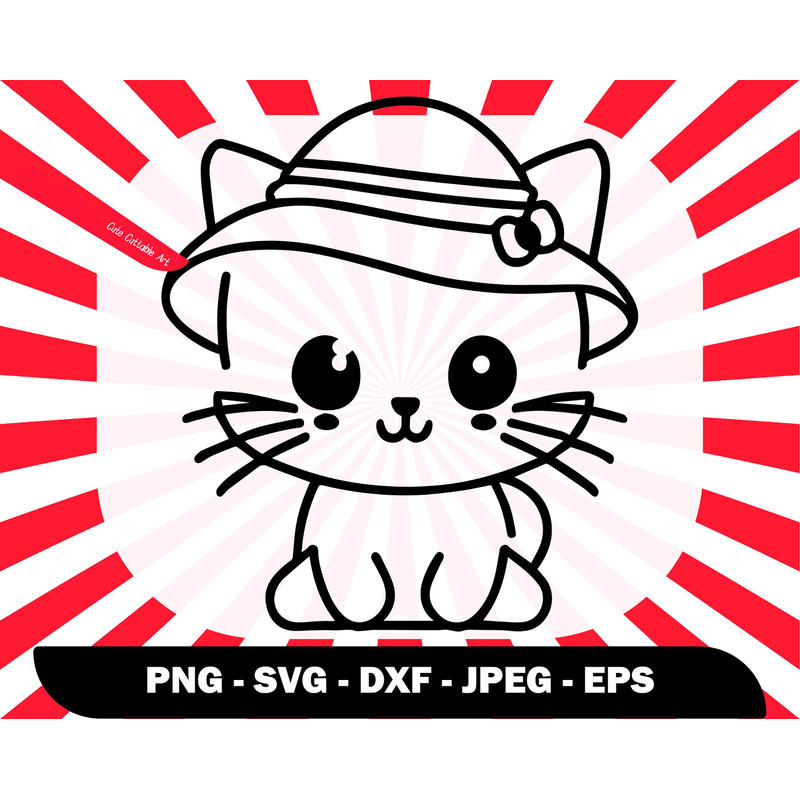 Cute Kawaii Cat With a Hat and Bow svg, Cat Svg Cut File,Cat Svg Laser, Cat Lover Svg, Kids Laser Cut Files, Cat Outline Svg - 00036.jpg