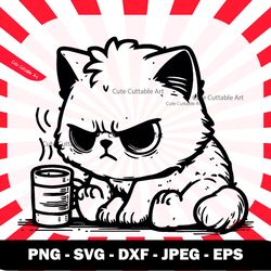 grumpy cat drinking coffee svg, cat svg, cute cat coffee mug clipart, kitty svg, coffee lover png, cat lover svg