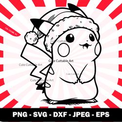 pikachu silhouette with santha hat svg, pokemon svg, pikachu svg, pikachu png, pokemon clipart, pikachu vector, pokemon